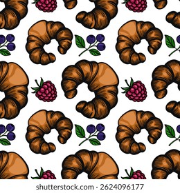 A vector seamless pattern featuring croissants and berries, including blueberries and raspberries, on a white background. The croissants are golden brown and flaky.