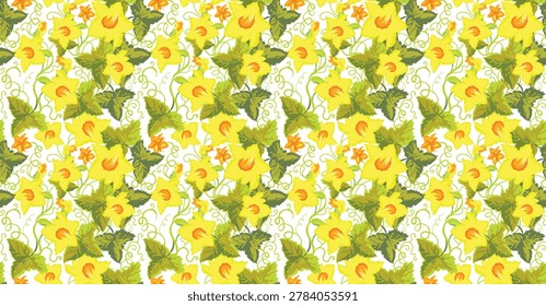 A vector seamless pattern featuring cucumber flowers and leaves on a white background. It scales perfectly for creating designs on various surfaces. It can be used on agriculture-themed websites, on cucumber seed packaging, on packaging for cucumber fertilisers, or simply as a floral pattern.