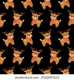 Vector seamless pattern featuring cute reindeer in a cartoon style on a dark background. Perfect for holiday gift wrapping, festive packaging, textiles, home decor and kids' products.