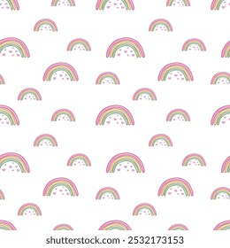 Vector seamless pattern featuring cute rainbows with heart accents. Playful and charming design, perfect for children's products, Valentine's Day, gift wrapping, nursery decor, and fun stationery.