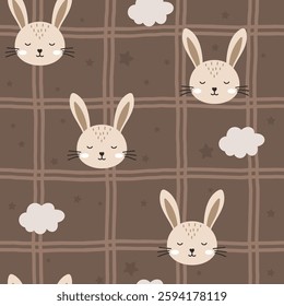 Vector seamless pattern featuring cute hares, dreamy clouds, and a pastel color palette, designed for baby products, digital papers, and charming nursery decor