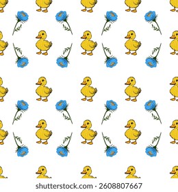 A vector seamless pattern featuring cute yellow ducklings and blue flowers on a white background. The design is playful and suitable for children's products or spring-themed items.