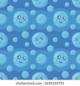 Vector seamless pattern featuring cute bubble faces with smiles on a blue background
