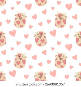 Vector seamless pattern featuring cute bulls with heart spots and pink hearts on a white background