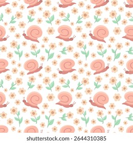 Vector seamless pattern featuring cute pink snails and flowers with green leaves on a white background