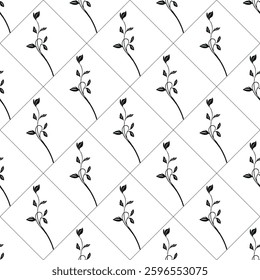 A vector seamless pattern featuring delicate black silhouettes of leaves and stems on a white background, arranged in a diamond layout.