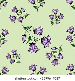 A vector seamless pattern featuring delicate purple bellbellflowers with green leaves on a light green background. The design showcases various bellflowers arrangements.