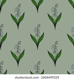 A vector seamless pattern featuring delicate lily of the valley flowers with green leaves on a muted green background.
