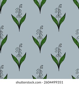 A vector seamless pattern featuring delicate lily of the valley flowers with green leaves on a soft blue background.
