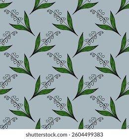 A vector seamless pattern featuring delicate lily of the valley flowers with green leaves on a softblue background.