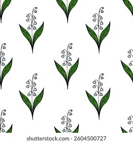 A vector seamless pattern featuring delicate lily of the valley flowers with green leaves on a white background.