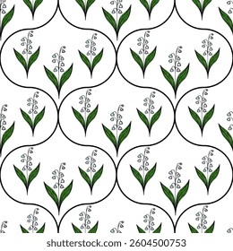 A vector seamless pattern featuring delicate lily of the valley flowers with green leaves, arranged in a repeating circular design on a white background.