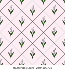 A vector seamless pattern featuring delicate green leaves and white flowers arranged in a diamond grid on a soft pink background.