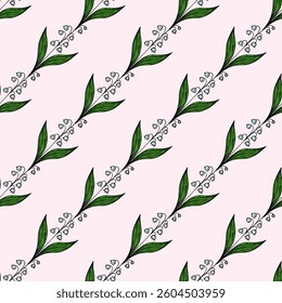 A vector seamless pattern featuring delicate green leaves and small white flowers on a soft pink background. The design is elegant and suitable for textiles or wallpapers.