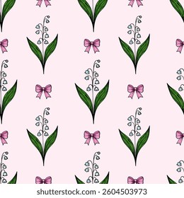A vector seamless pattern featuring delicate lily of the valley flowers with green leaves and pink bows on a soft pink background.