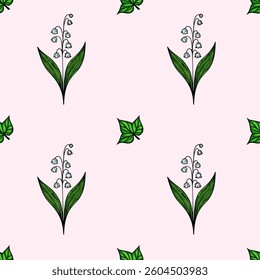 A vector seamless pattern featuring delicate lily of the valley flowers with white bell-shaped blooms and green leaves, set against a soft pink background.
