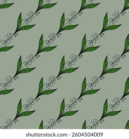 A vector seamless pattern featuring delicate green leaves and small white flowers on a muted green background. The design is elegant and suitable for textiles or wallpapers.