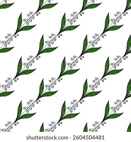 A vector seamless pattern featuring delicate green leaves and small lily of the valley white flowers, arranged in a diagonal layout on a white background.