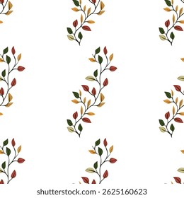A vector seamless pattern featuring delicate branches with colorful leaves in shades of green, yellow, orange, and red on a white background.