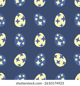 Vector seamless pattern featuring easter eggs with stars on a navy background
