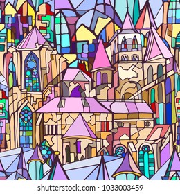 Vector seamless pattern featuring fictional Gothic city architecture elements such as towers and stained glass windows. Abstract colorful background. Hand drawn.