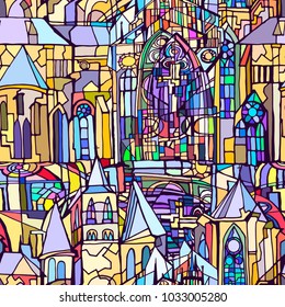 Vector seamless pattern featuring fictional Gothic city architecture elements such as towers and stained glass windows. Abstract colorful background. Hand drawn.