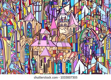 Vector seamless pattern featuring fictional Gothic city architecture elements such as towers and stained glass windows. Abstract colorful background. Hand drawn.
