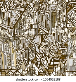 Vector seamless pattern featuring fictional Gothic city architecture elements such as towers and stained glass windows. Abstract brown background. Hand drawn.