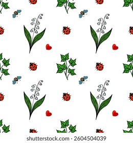 A vector seamless pattern featuring flowers, bees, ladybugs, green leaves, and red hearts on a white background.