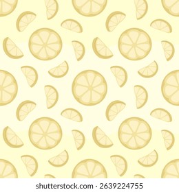 Vector seamless pattern featuring fresh lemon slices on a yellow background