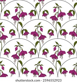A vector seamless pattern featuring fuchsia flowers with purple petals and green leaves, arranged in a reflected arch shape on a white background.