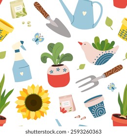 Vector seamless pattern featuring gardening tools, decorative flower pots and young plants. Springtime hands-on gardening texture for fabrics, packaging, wrapping paper and backgrounds