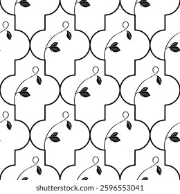 A vector seamless pattern featuring a geometric design with black outlines and delicate leaves. The pattern consists of eastern shapes, creating a stylish and modern look.