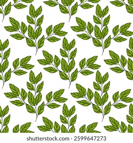 A vector seamless pattern featuring green leaves on a white background, showcasing various leaf shapes and sizes, ideal for textile or wallpaper design.