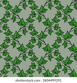 A vector seamless pattern featuring green ivy leaves on a soft green background. The design showcases various sizes and orientations of the leaves, creating a natural and organic feel.