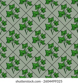 A vector seamless pattern featuring green ivy leaves arranged in a diamond grid on a muted green background. The leaves are detailed with veins and varying sizes, creating a natural and organic feel.