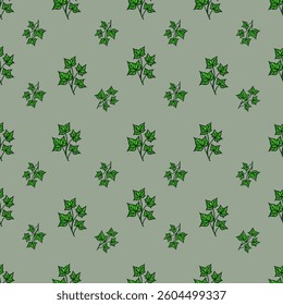 A vector seamless pattern featuring green ivy leaves on a muted green background. The leaves are illustrated with varying shades of green, creating a natural and organic feel.