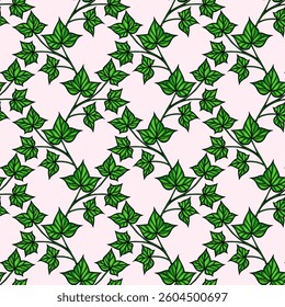 A vector seamless pattern featuring green ivy leaves on a soft pink background. The design showcases a variety of ivy leaf shapes and sizes, creating a lush, natural aesthetic.