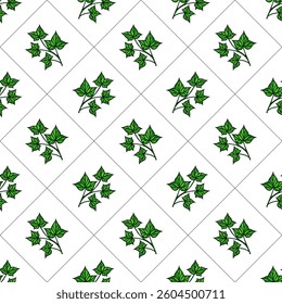 A vector seamless pattern featuring green ivy leaves on a white background, arranged in a diamond layout. The design is vibrant and suitable for textiles or wallpapers.