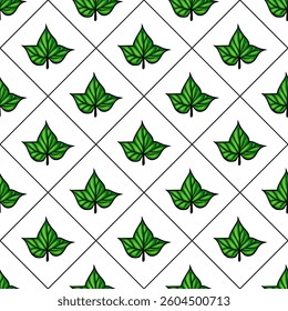 A vector seamless pattern featuring green leaves arranged in a diamond grid on a white background. The leaves are stylized with defined edges and a vibrant color.