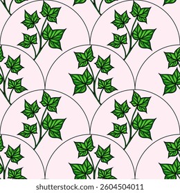 A vector seamless pattern featuring green ivy leaves arranged in circular shapes on a light pink background. The design is vibrant and botanical, suitable for textiles or wallpapers.