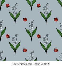 A vector seamless pattern featuring green leaves and white lily of the valley flowers, interspersed with red ladybugs, all set against a light blue background.
