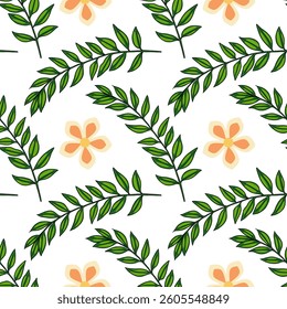 A vector seamless pattern featuring green leaves and soft orange flowers on a white background. The design is vibrant and suitable for textiles or wallpapers.