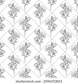 A vector seamless pattern featuring hand-drawn floral illustrations. The design showcases delicate flowers and leaves arranged in a diamond grid layout, with a clean white background.