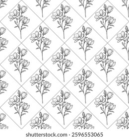 A vector seamless pattern featuring hand-drawn floral illustrations, with delicate flowers and stems arranged in a diamond layout on a white background.