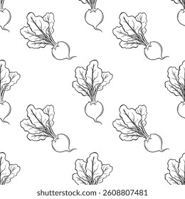 A vector seamless pattern featuring hand-drawn beets with leafy greens on a white background. The design is simple and elegant, suitable for various applications.