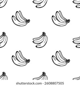 A vector seamless pattern featuring hand-drawn bananas in various orientations on a white background. The design is simple and playful, ideal for textiles or wallpaper.