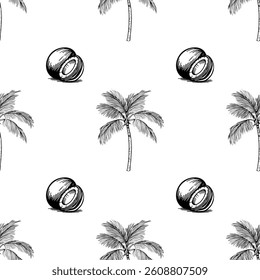 A vector seamless pattern featuring hand-drawn coconut halves and palm trees on a white background. The design is simple and tropical, ideal for summer-themed projects.