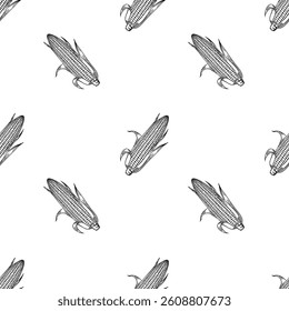 A vector seamless pattern featuring hand-drawn corn cobs on a white background. The corn cobs are illustrated in a detailed, black line art style, creating a vintage aesthetic.