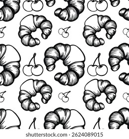 A vector seamless pattern featuring hand-drawn croissants and cherries on a white background. The croissants are depicted in a detailed, sketchy style, while the cherries are simple yet elegant.